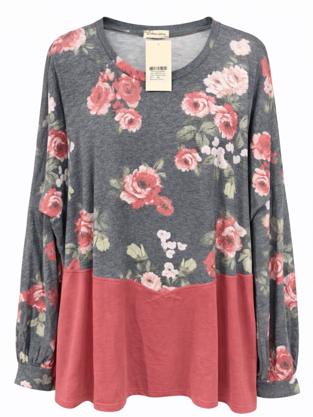Southern Stitch Floral Colorblock Top XXL NWT Boho Pink Gray